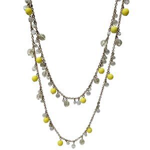 Elegant Retro Yellow Clear Beaded Gold Tone Layered Necklace 60s 70s Fashion
